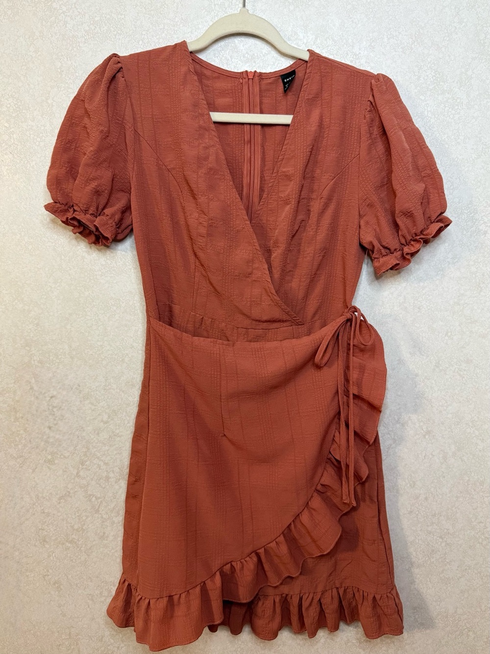 SHEIN Rust-Orange Puff Sleeve Wrap Dress